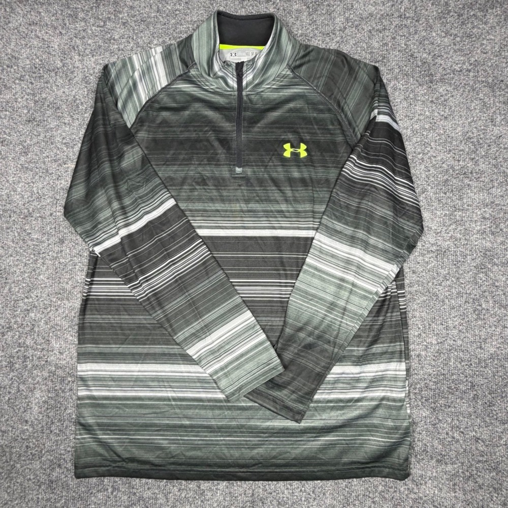 Under Armour Mens HeatGear 1/4 Zip Pullover Grey Striped Long Sleeve Medium